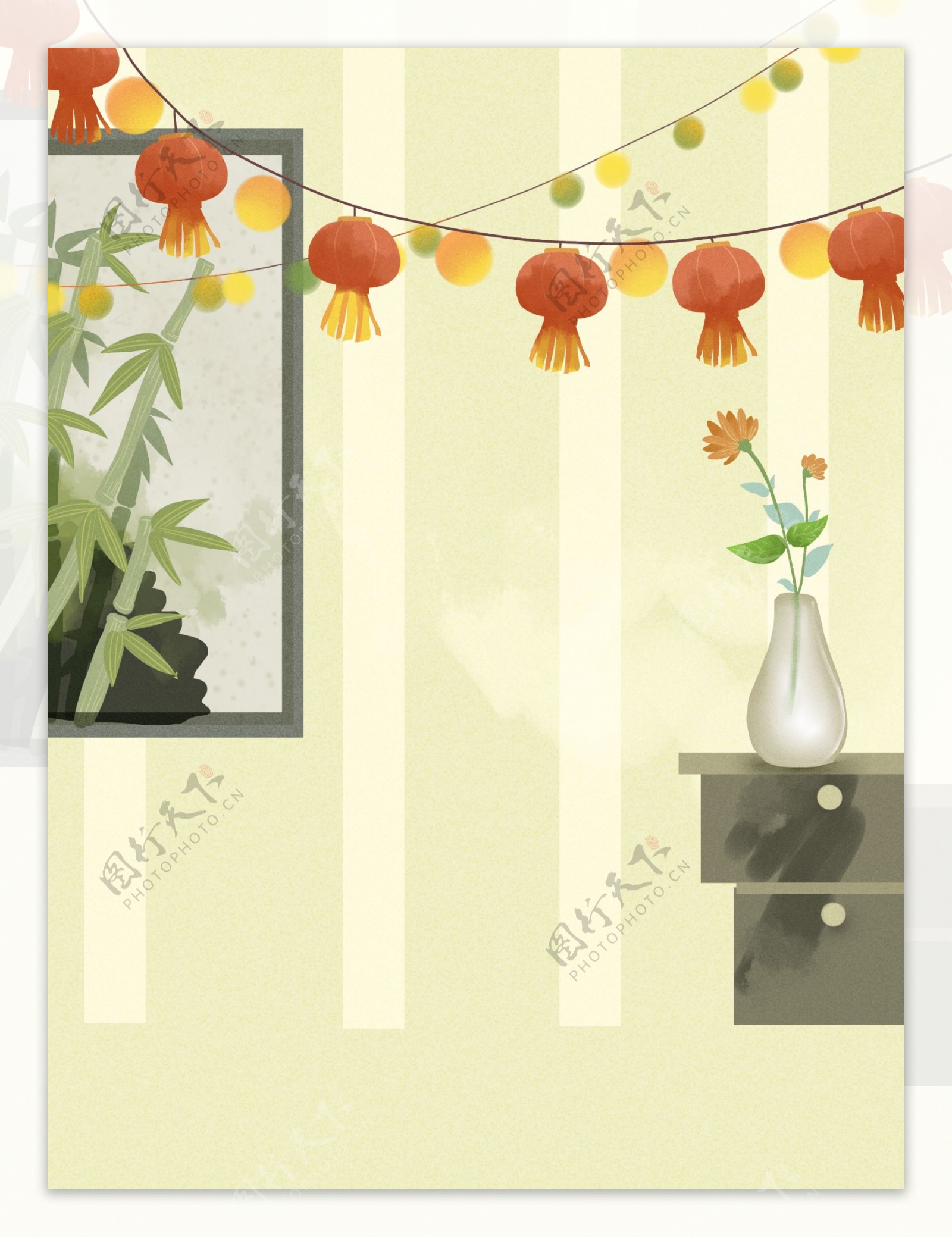 手绘端午节主题灯笼竹子背景设计