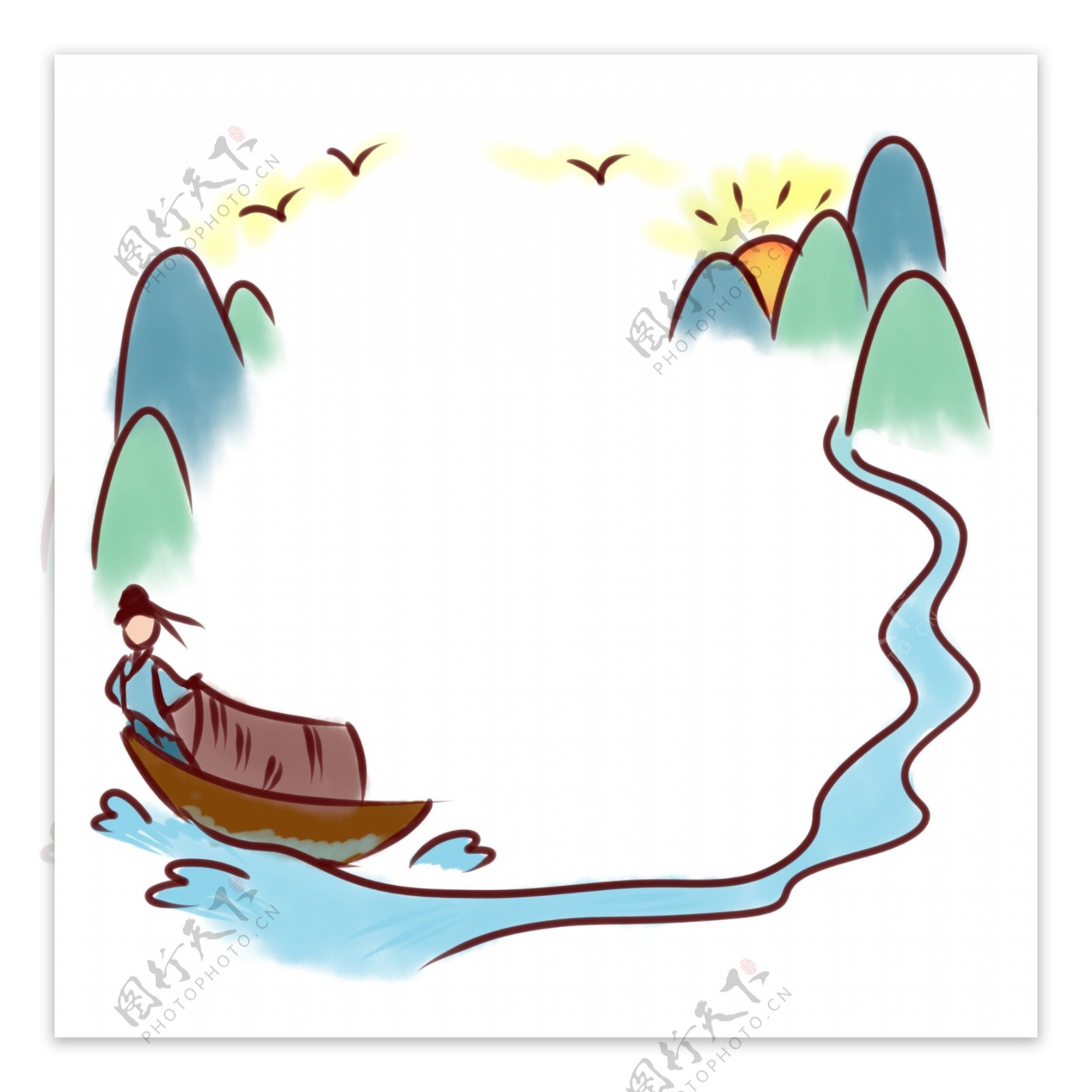 划船可爱边框插画