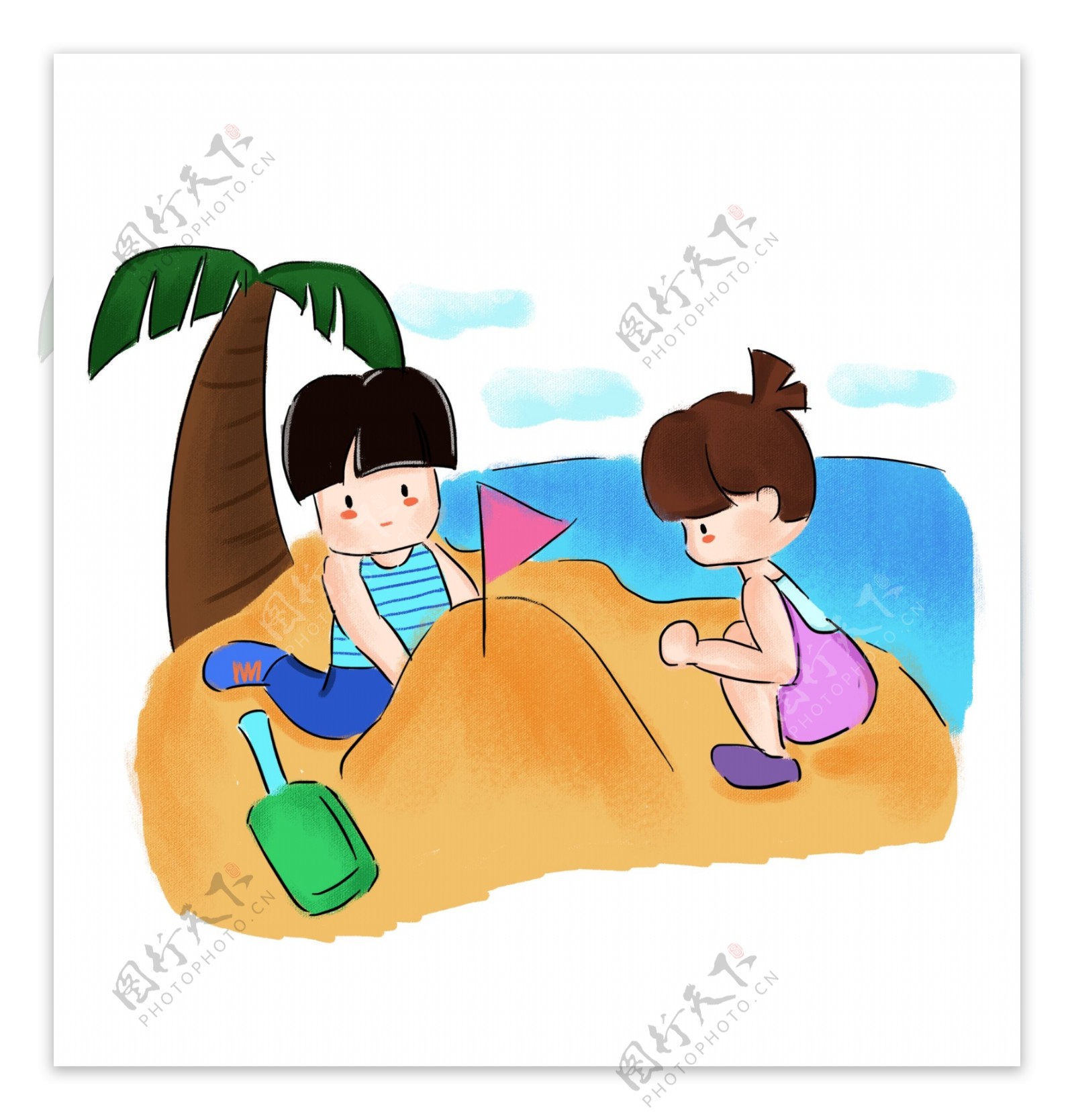 夏季沙滩玩沙子的孩子手绘免扣PNG