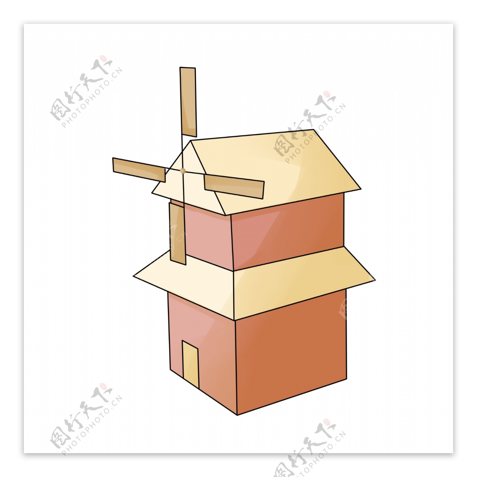 红色房屋风车插画