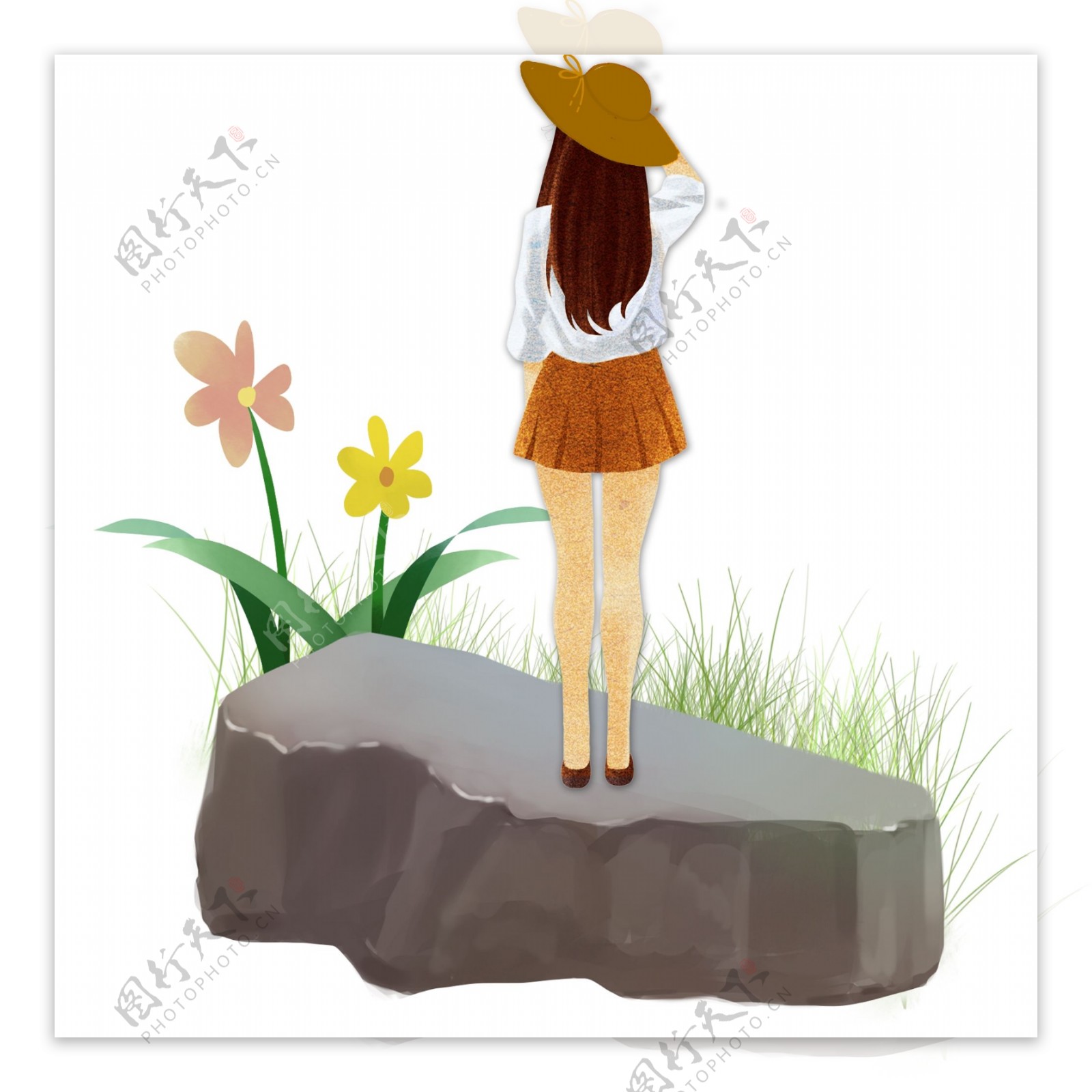 手绘站在礁石上的女孩插画设计