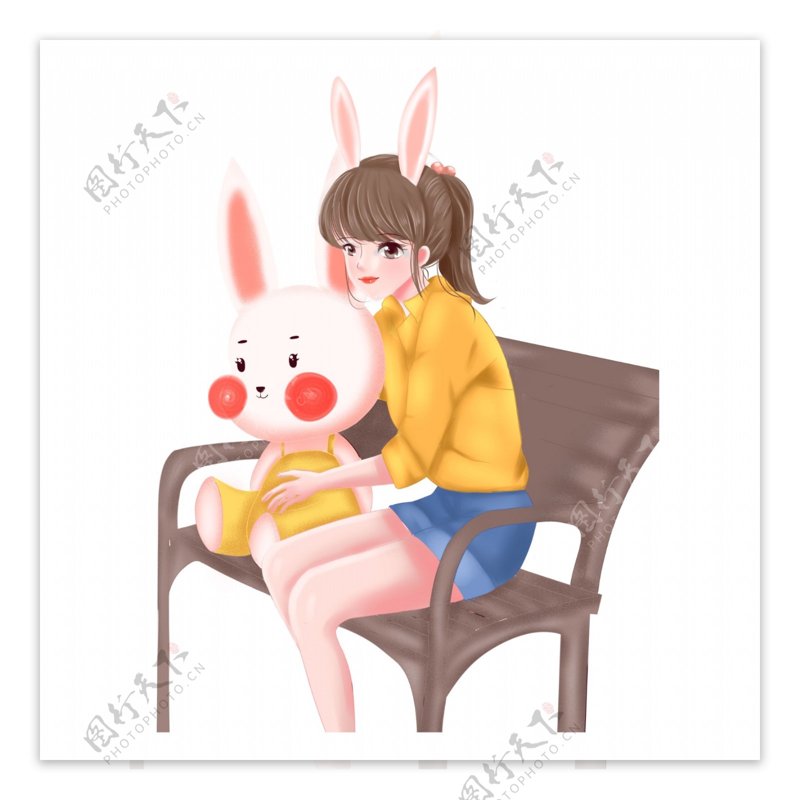 手绘可爱女孩和兔子png素材