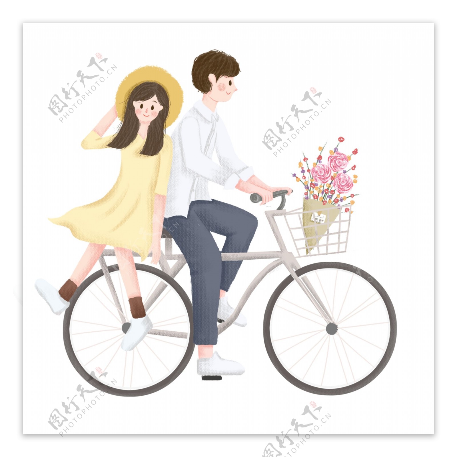 手绘卡通骑着自行车的情侣元素