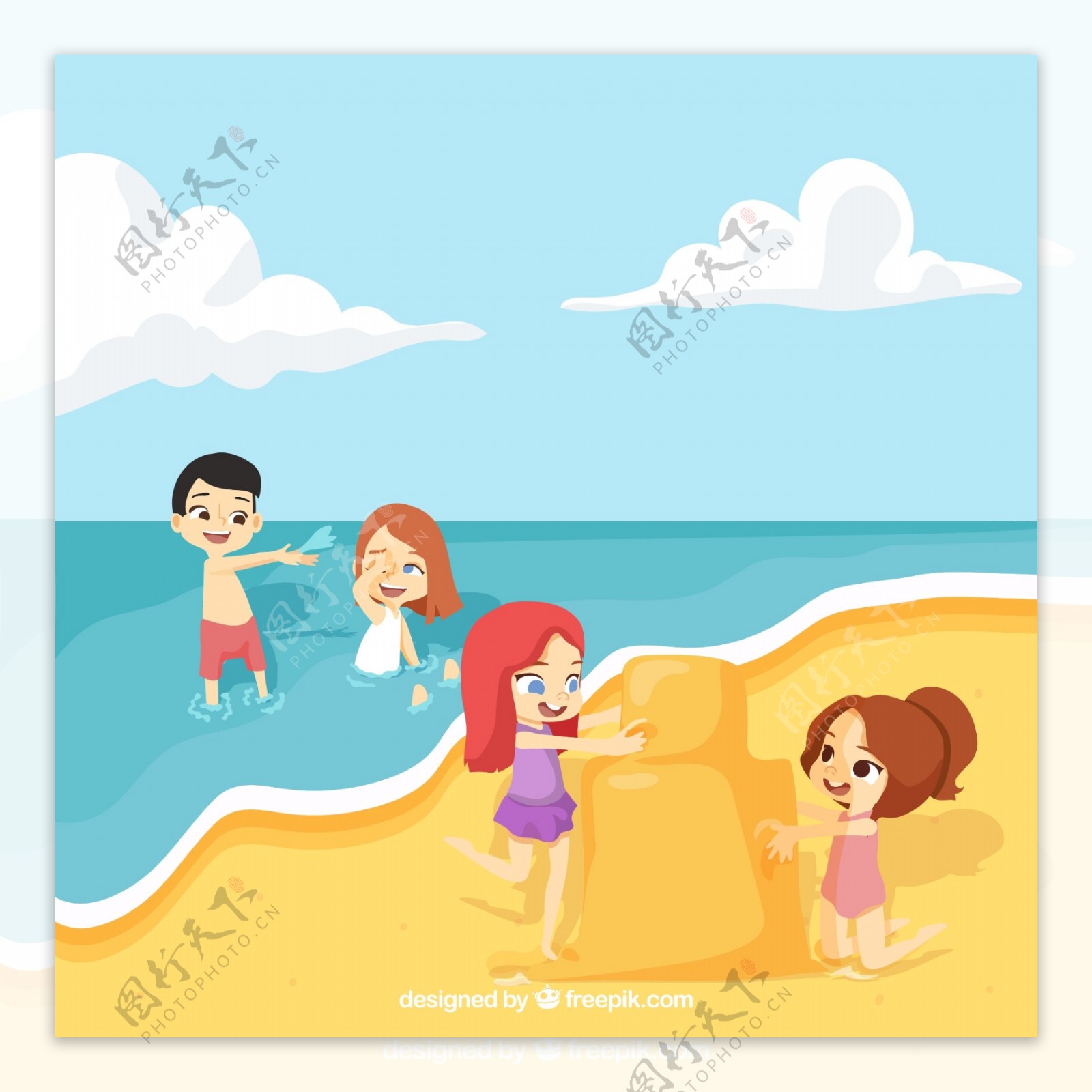 卡通海边玩耍的四个孩子矢量素材