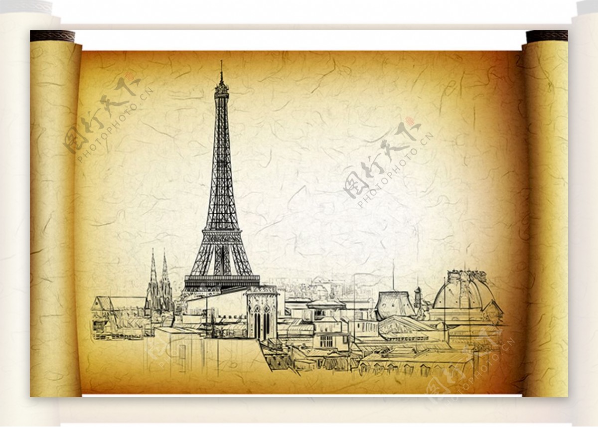 巴黎铁塔手绘复古卷轴背景墙