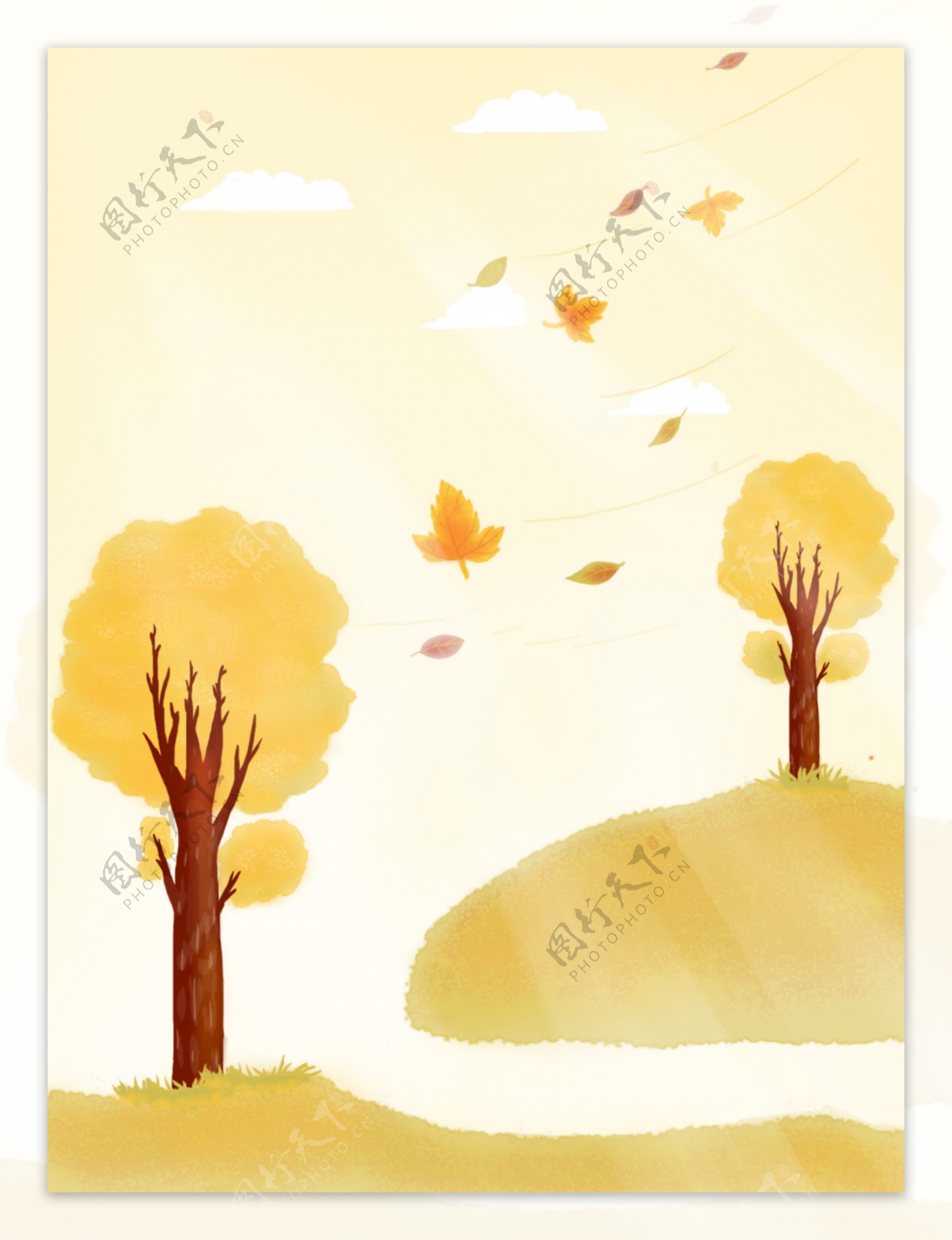 原创手绘秋天的公园插画风枫叶飘落海报背景