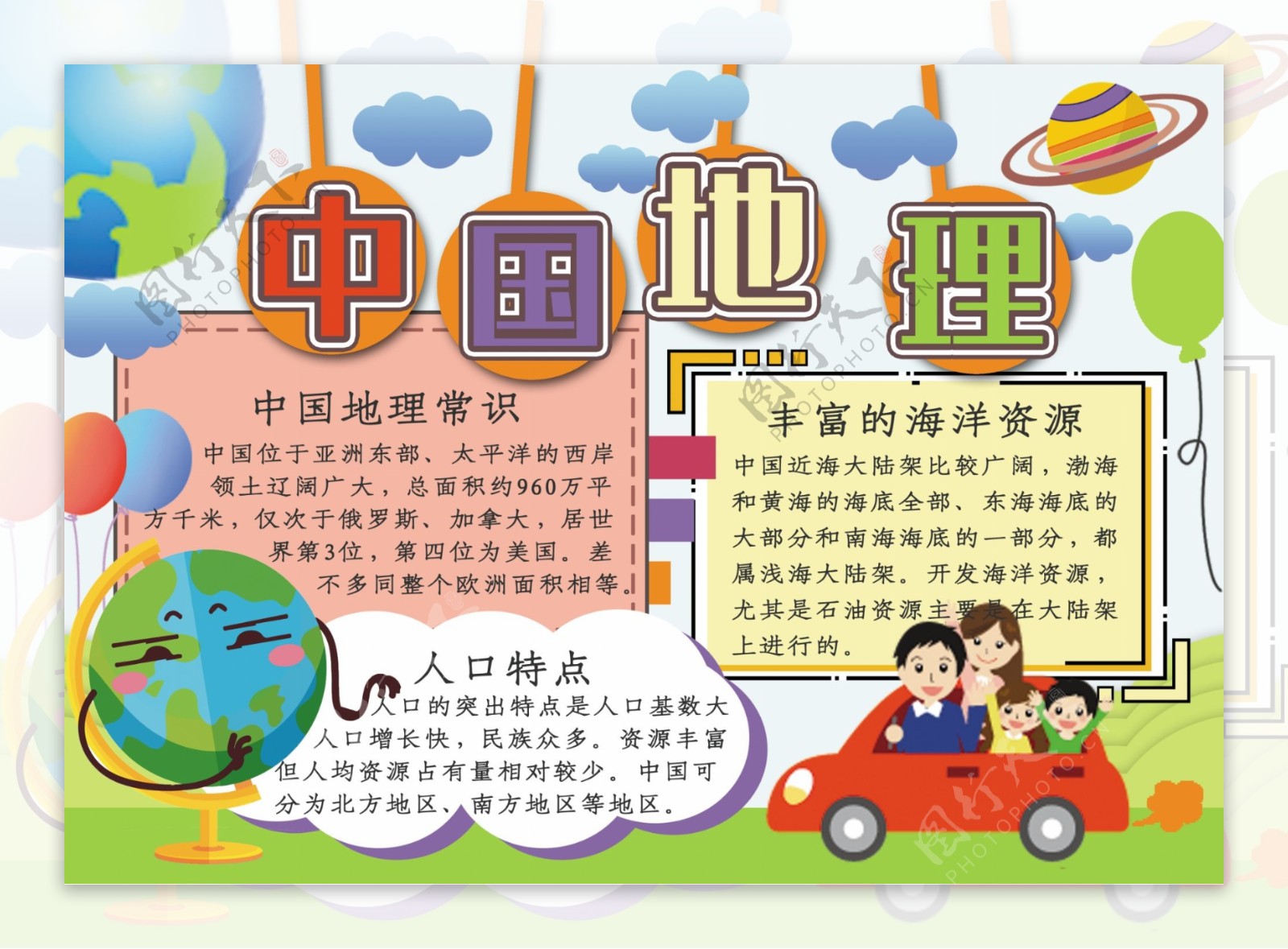 卡通可爱中国地理校园手抄报