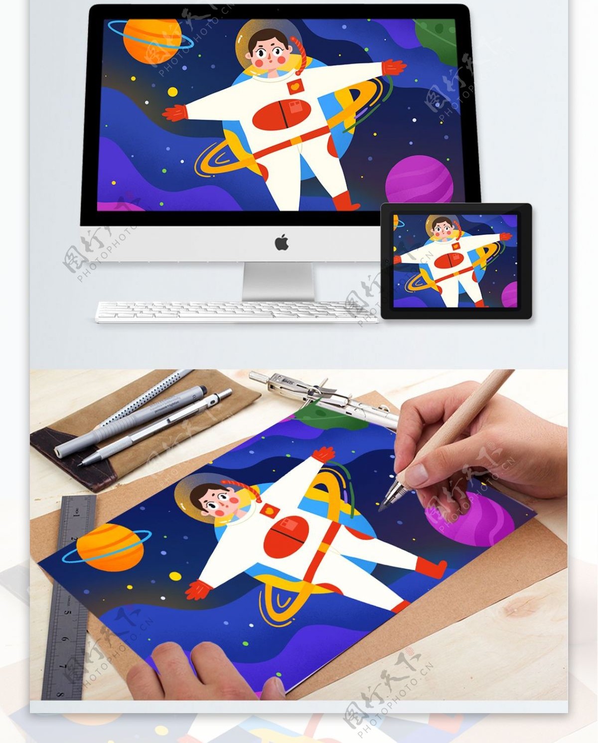 卡通手绘宇航员在太空原创插画