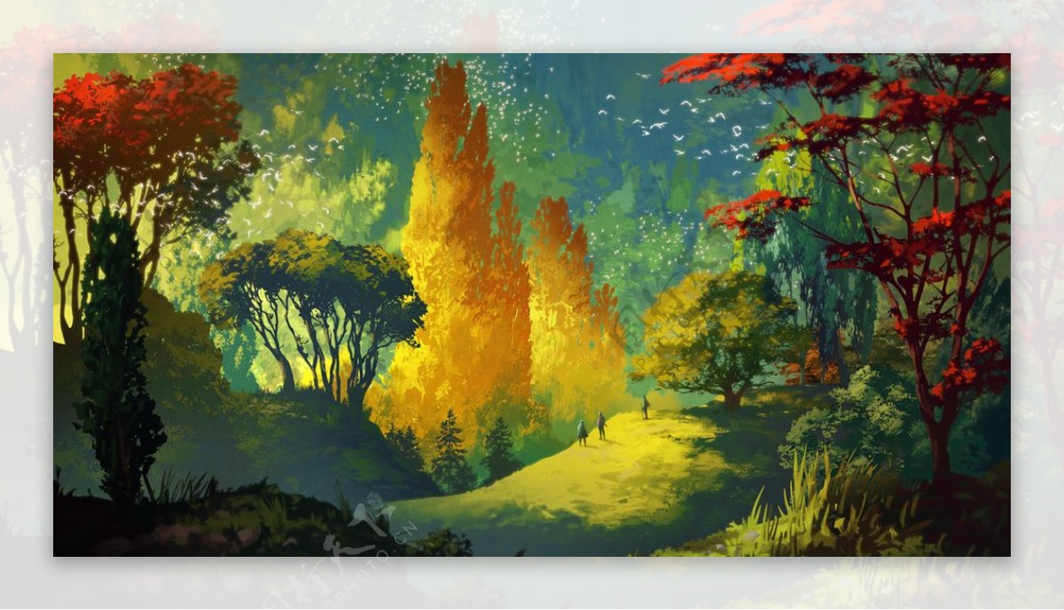 彩色插画森林风景树木