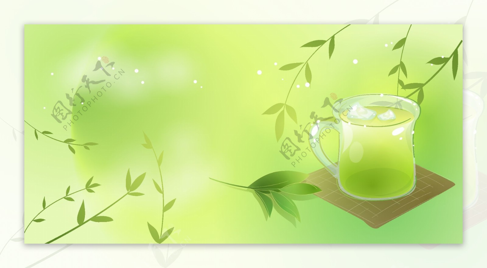 精美绿色背景叶子喝茶矢量素材