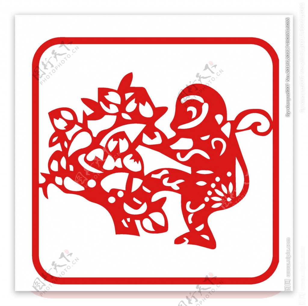 12生肖猴剪纸红色年画素材