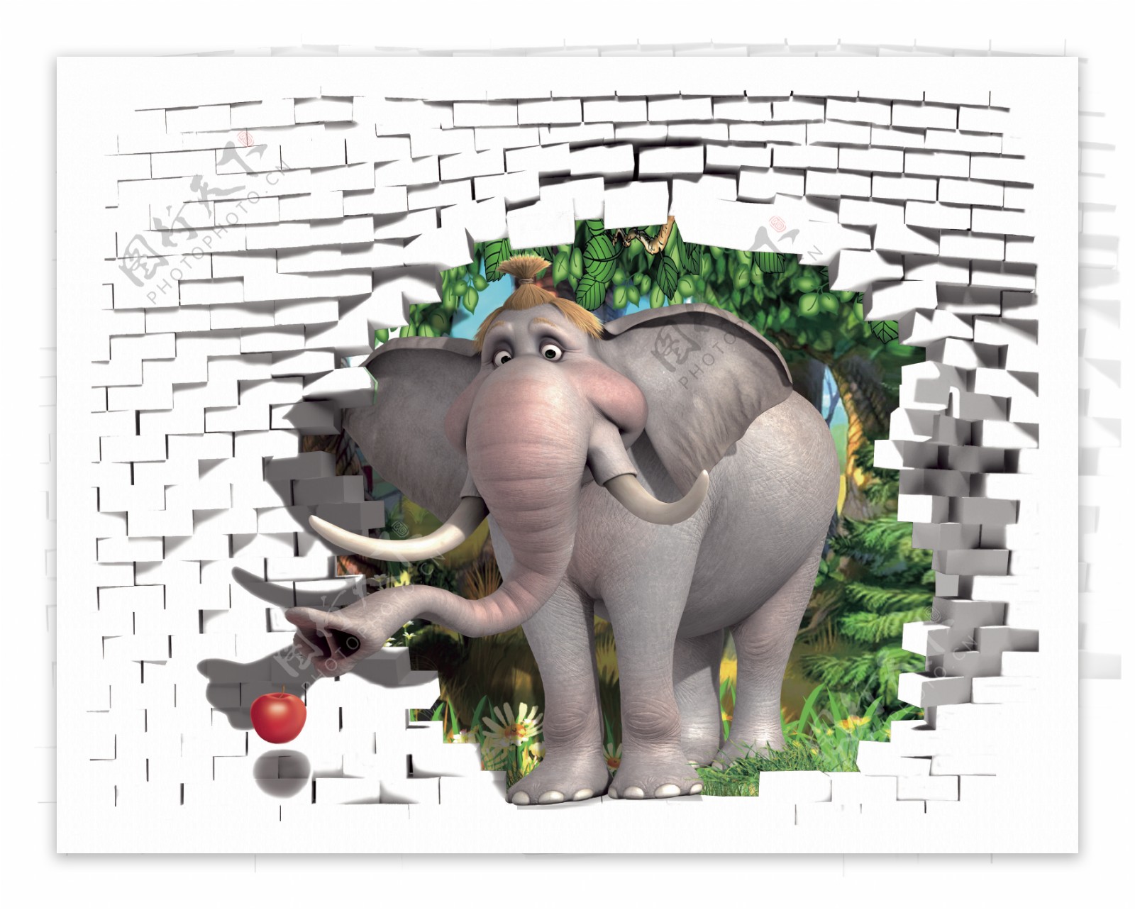 3D立体大象破墙而出背景墙