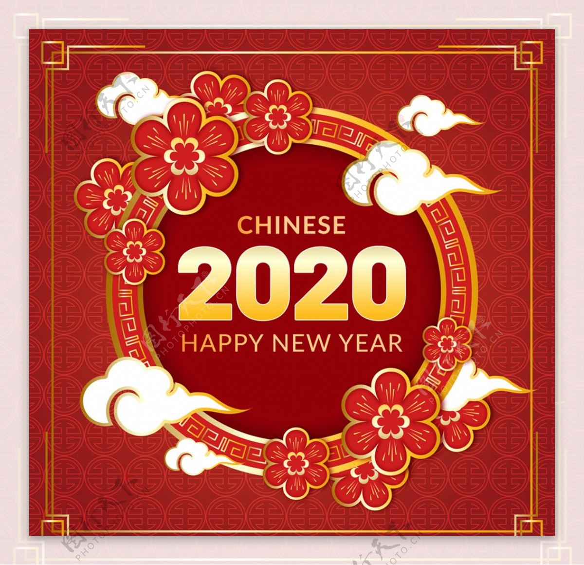 2020年红色花卉新年贺卡矢量
