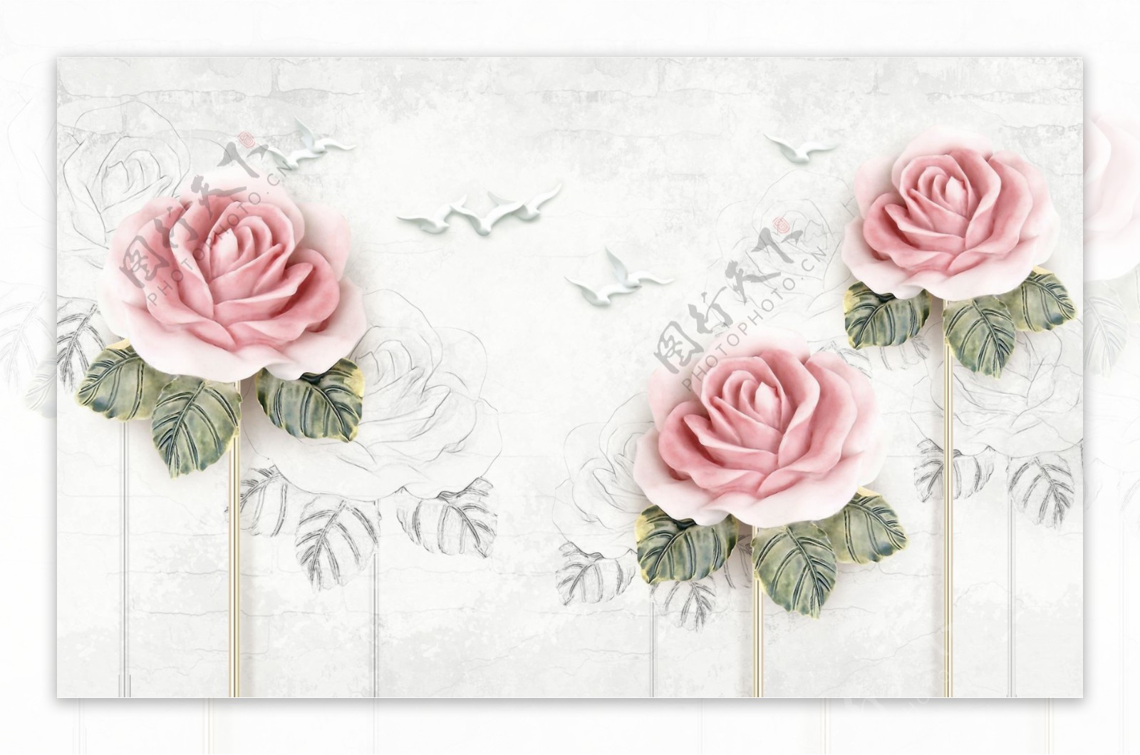 美丽玫瑰花朵白鸽背景墙