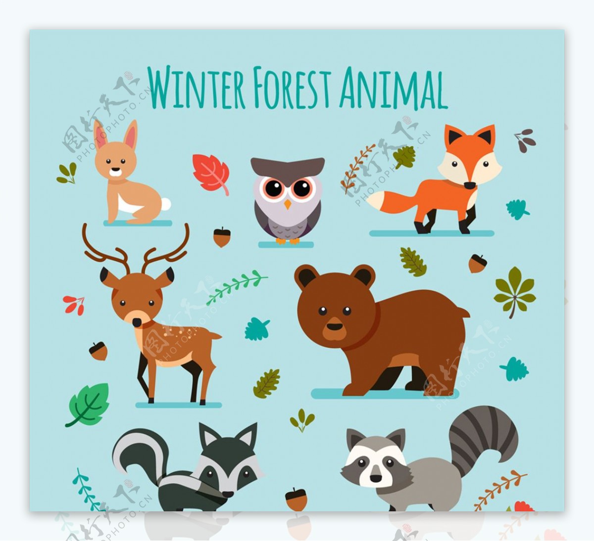 可爱冬季森林动物矢量图