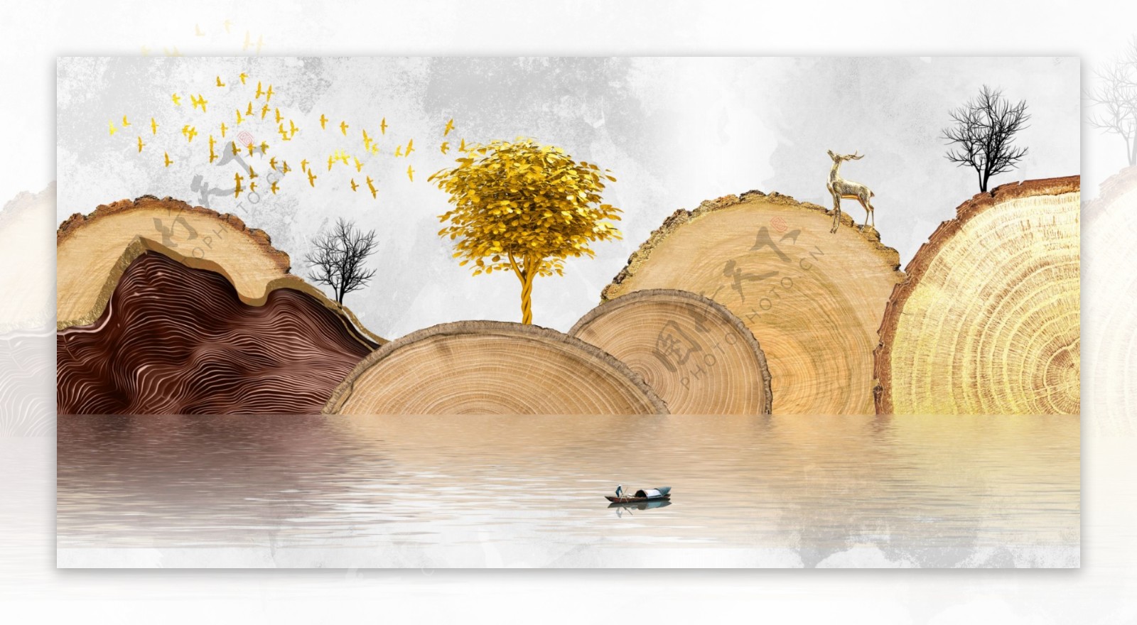 新中式金色年轮山水抽象装饰画