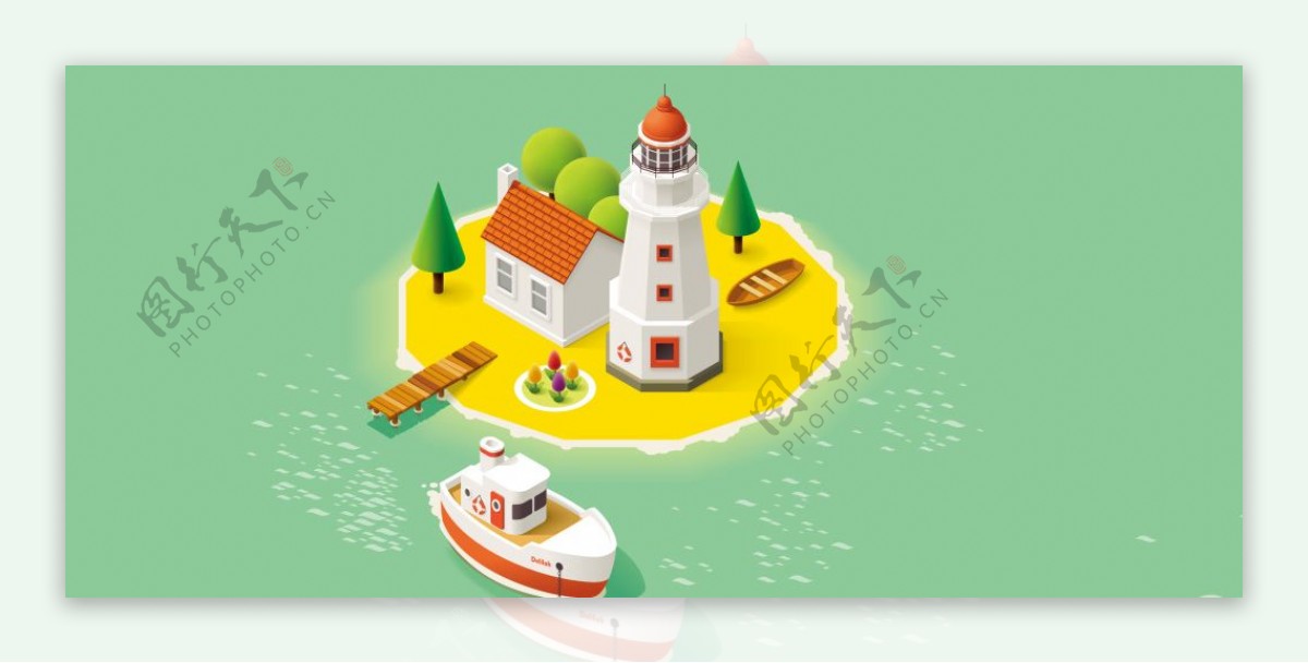 卡通度假孤岛海岛小岛小船