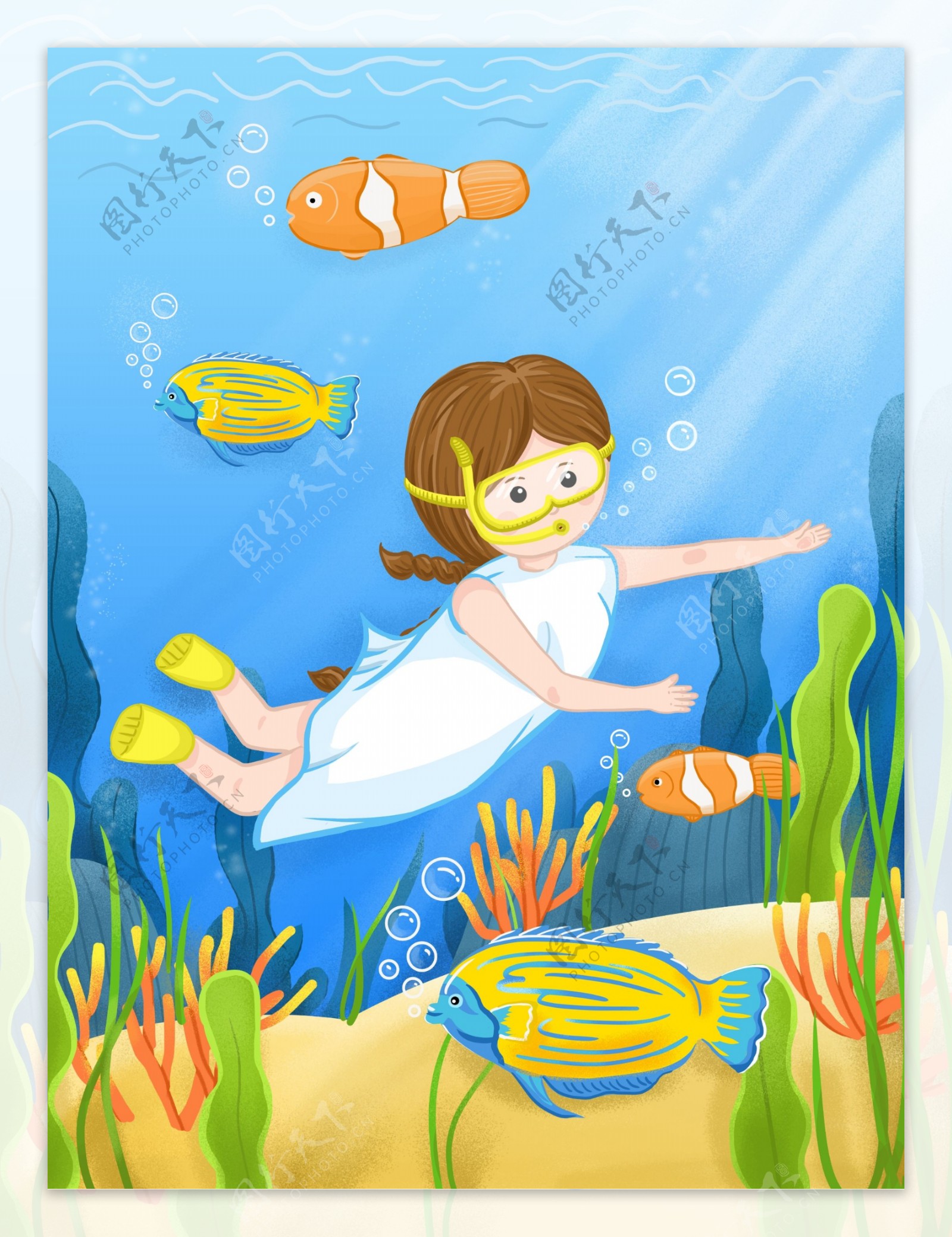 海底世界潜水的小女孩