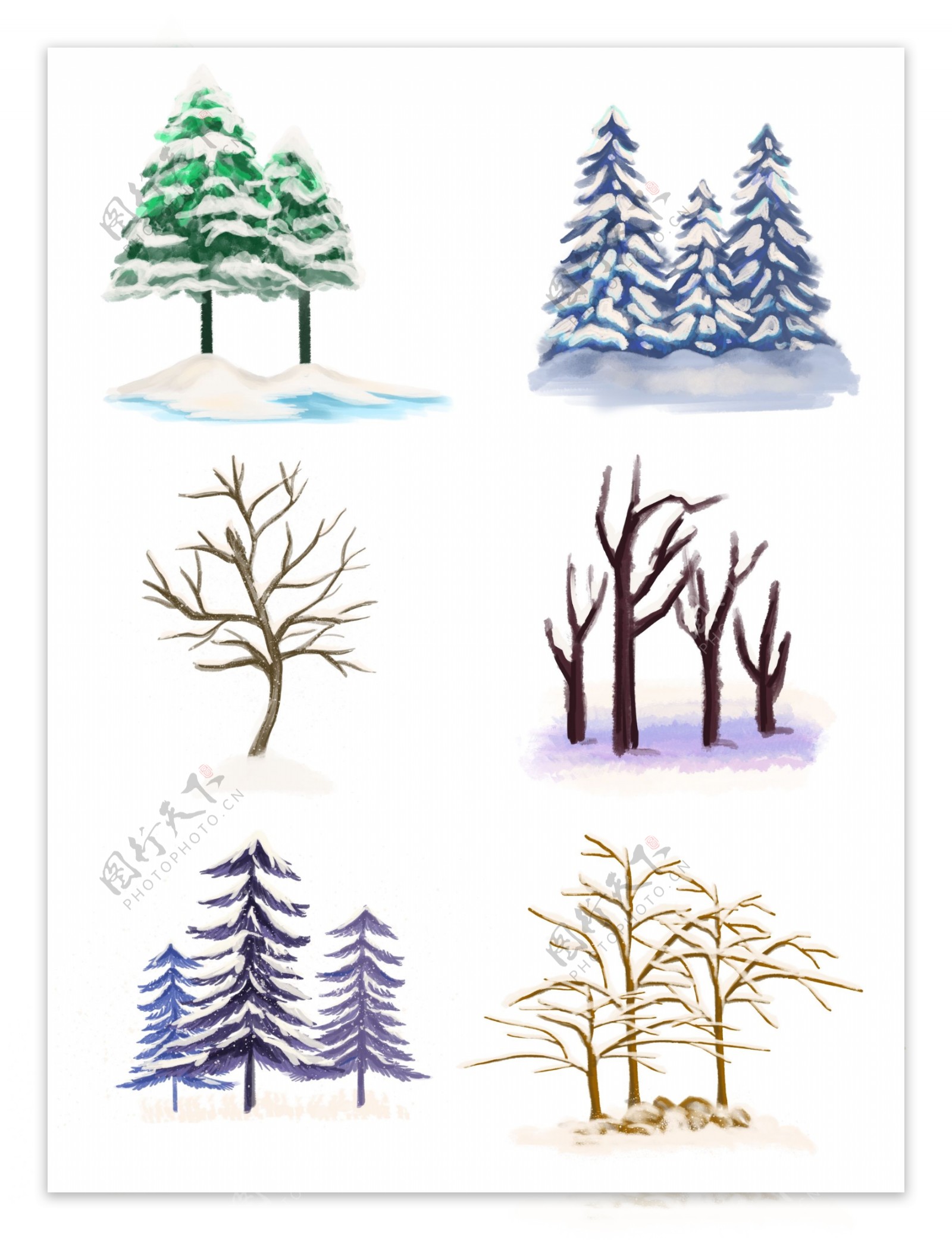 立冬雪景松树树干柏树雪花手绘