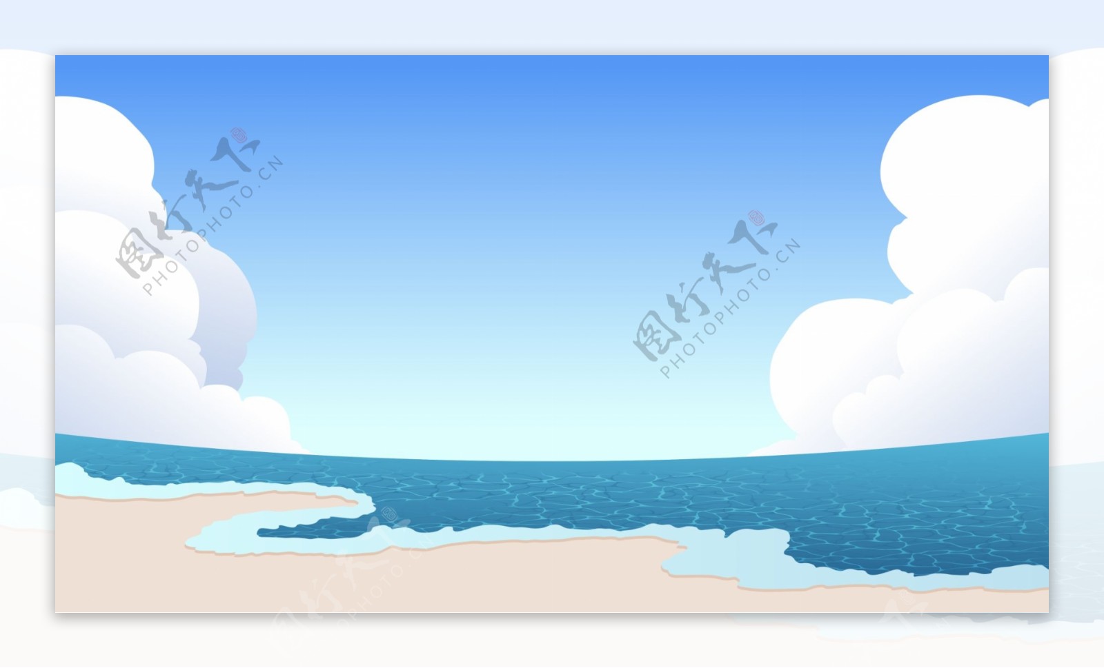 手绘蓝天白云夏日海边沙滩背景