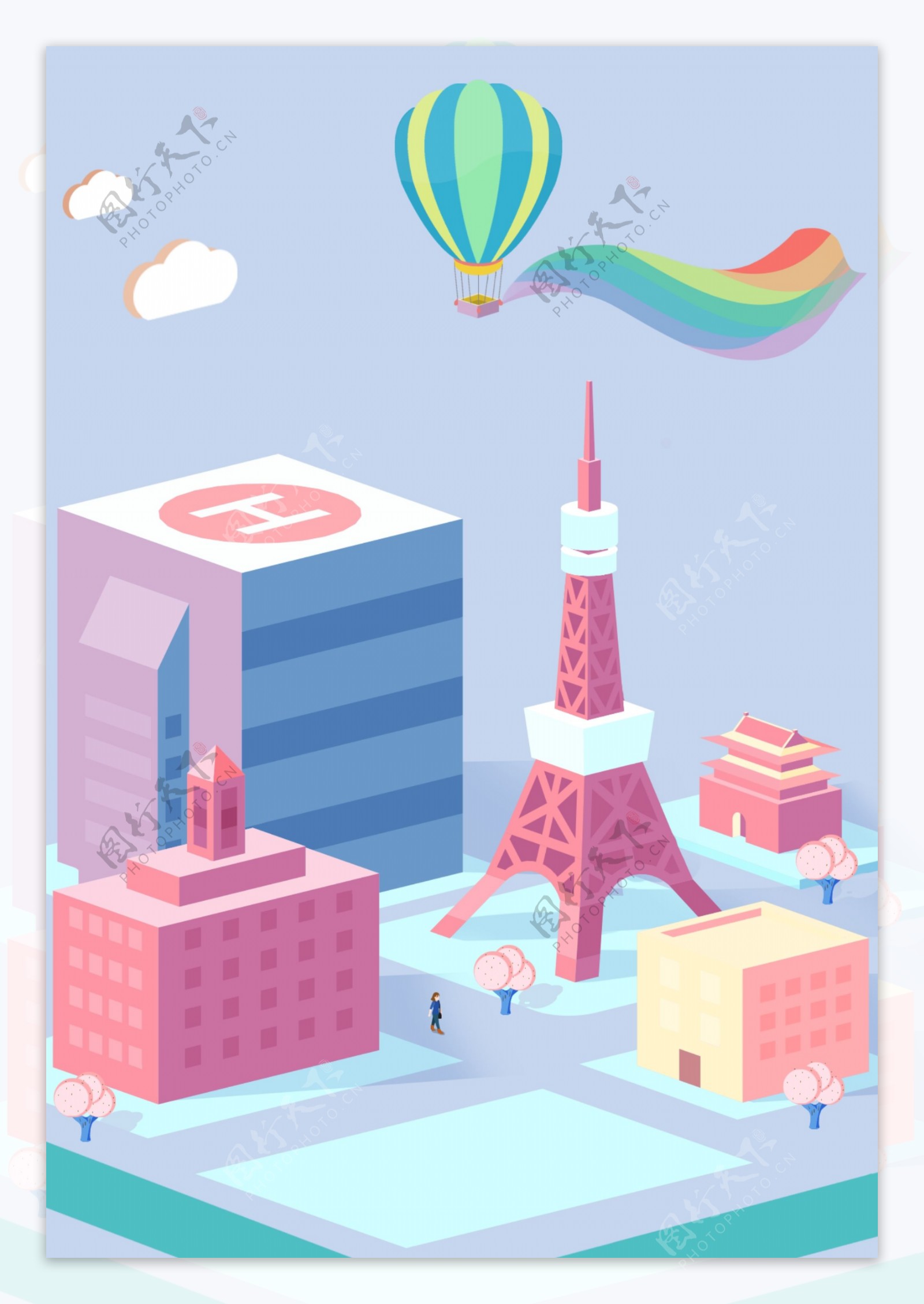 日本东京塔城市地标插画背景