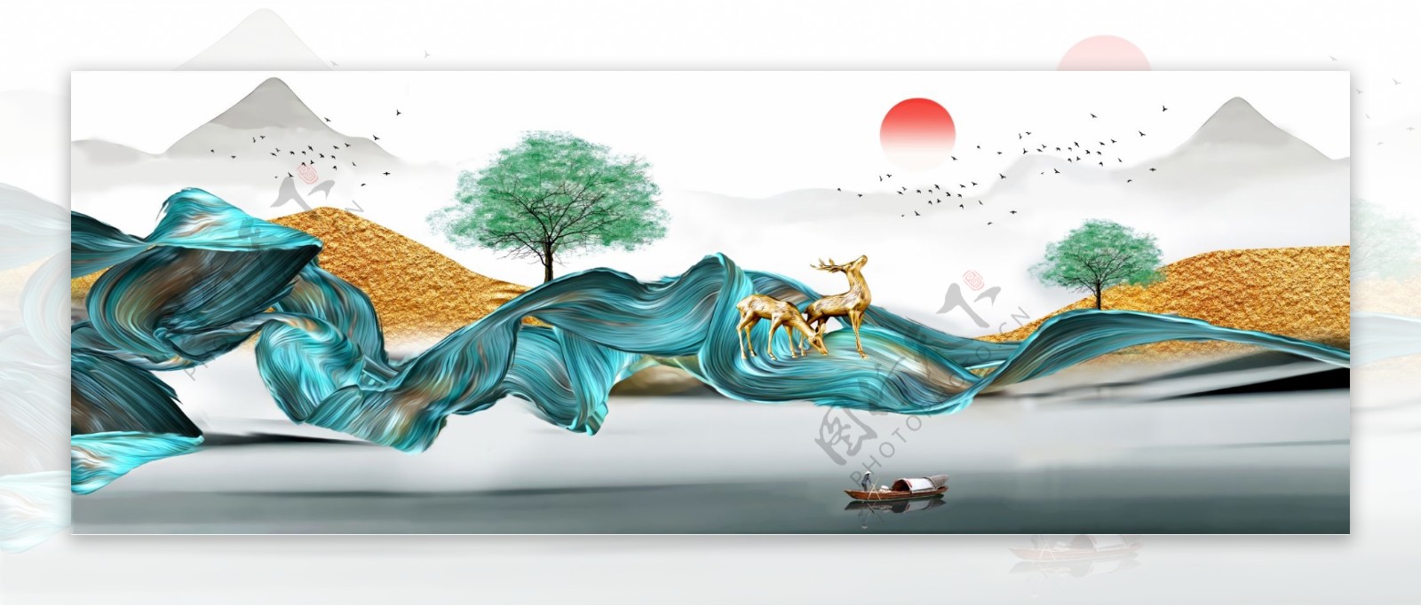 新中式飘带丝绸水墨山水装饰画