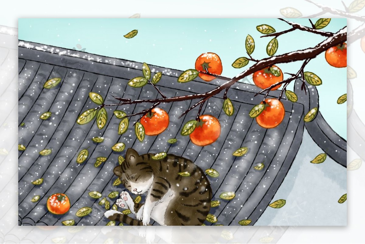 小猫午后屋顶插画卡通背景素材