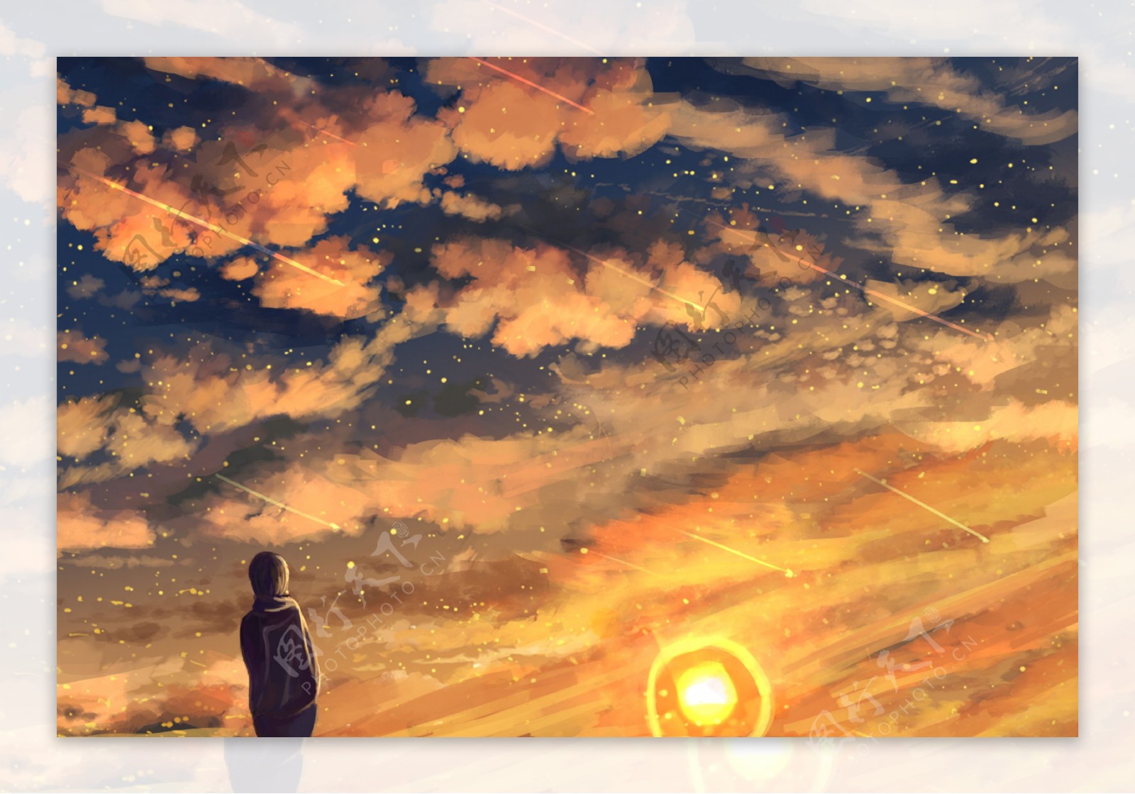 云朵天空人物日落卡通背景素材图片