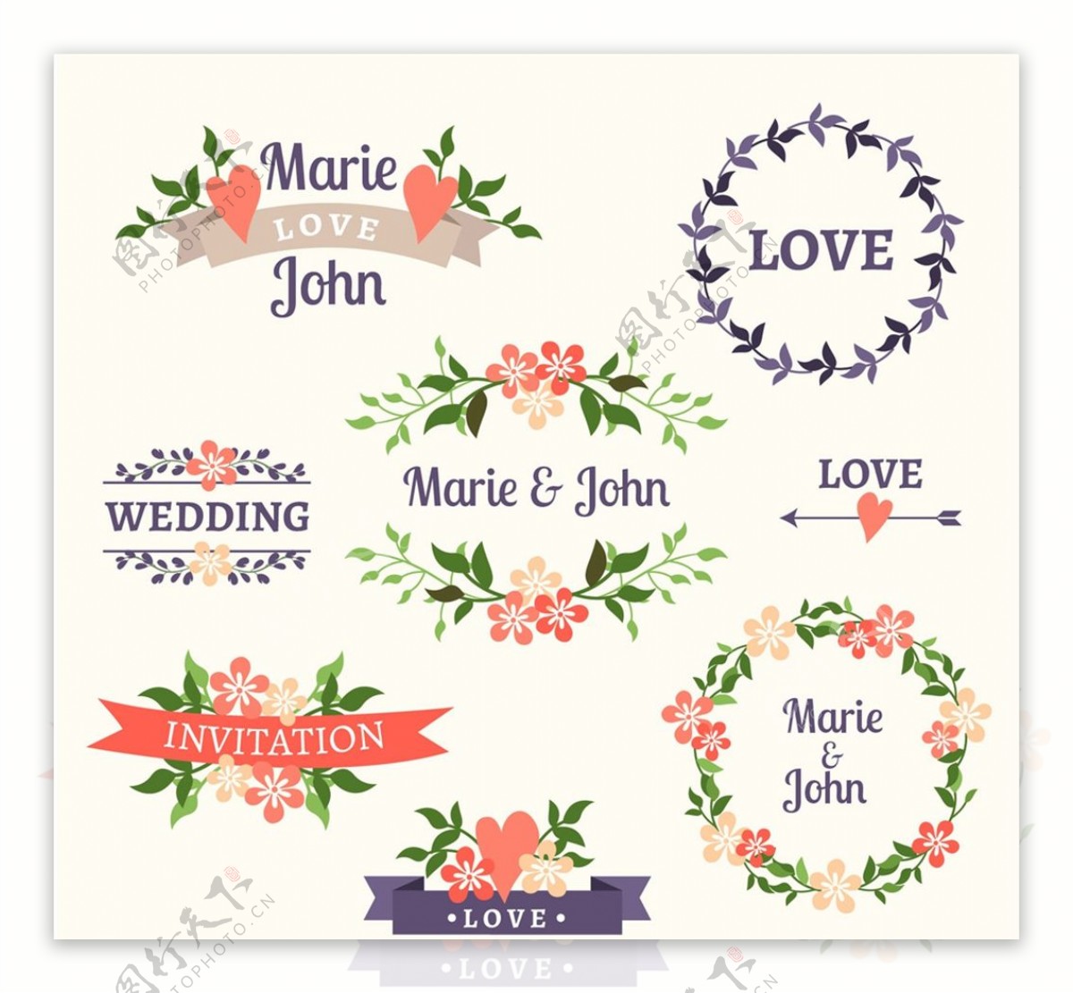 彩色婚礼花卉标签图片