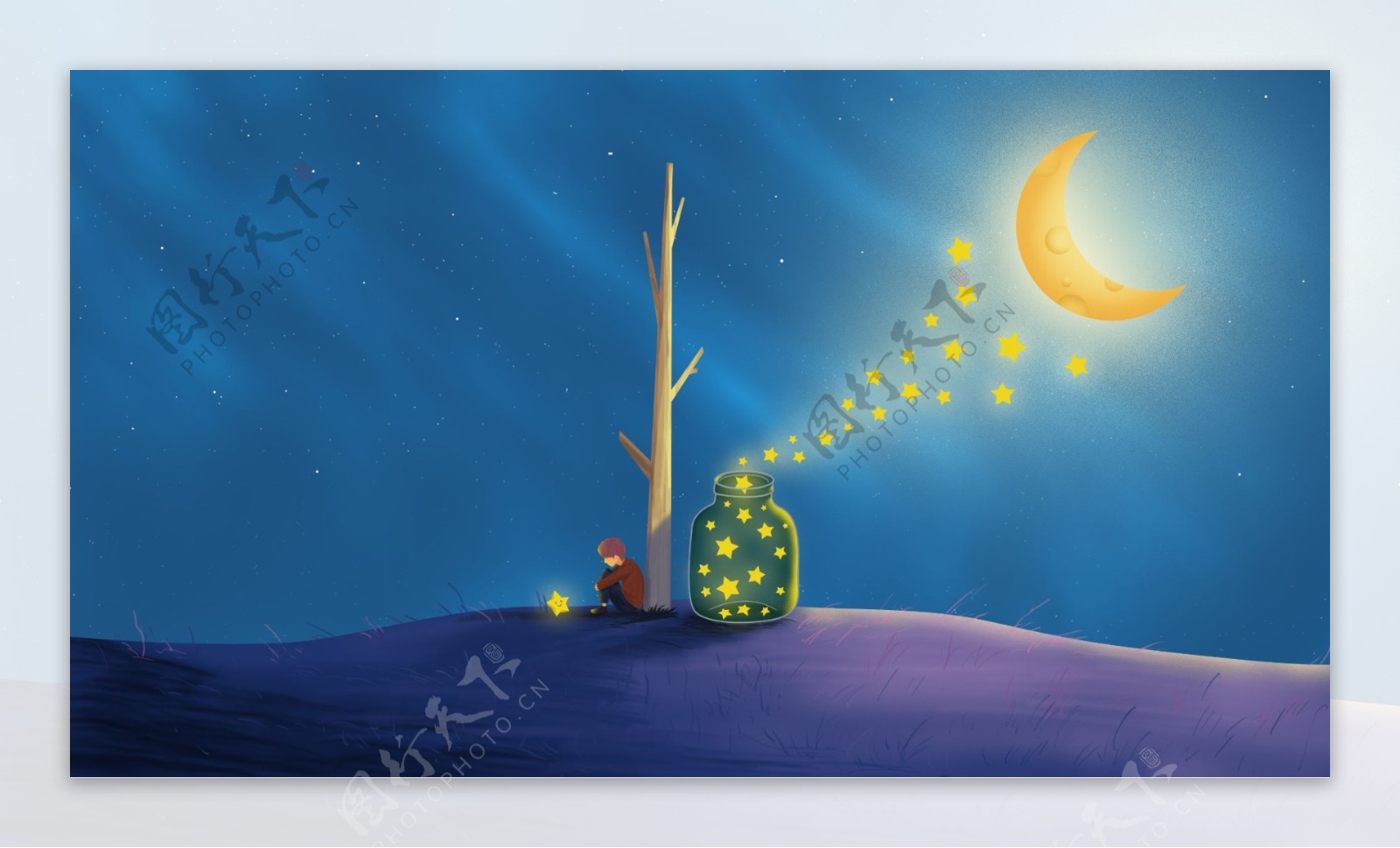 月亮蓝色梦幻插画卡通背景素材图片