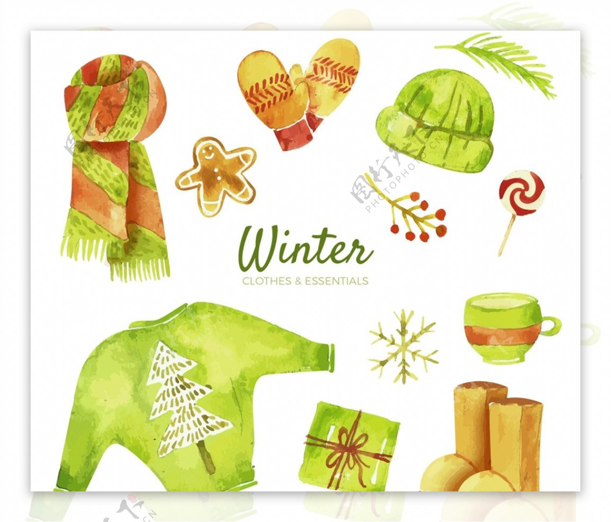 彩绘绿色冬季物品图片