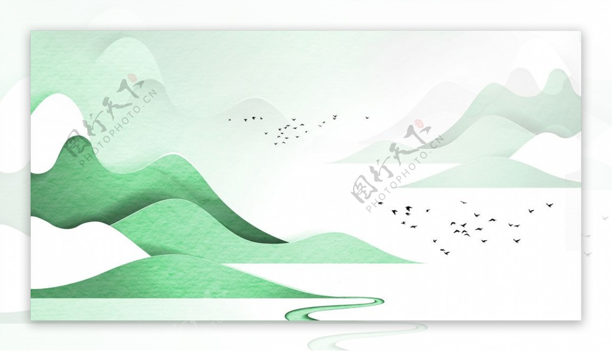 新中式山水鎏金仙鹤背景图片