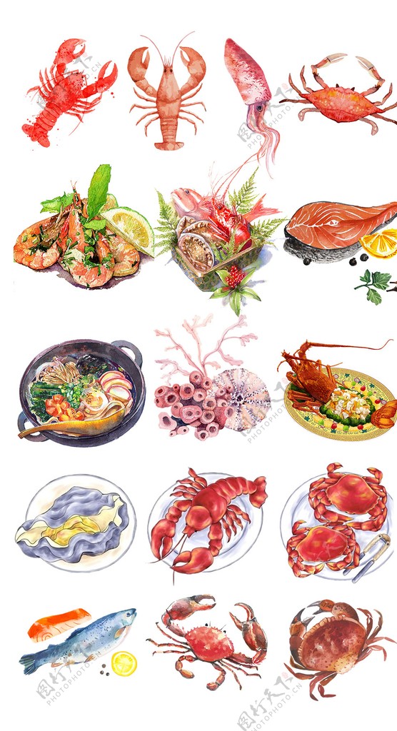 手绘海鲜食物png素材图片