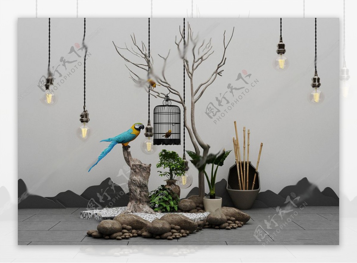 新中式植物盆栽吊灯摆件组合图片