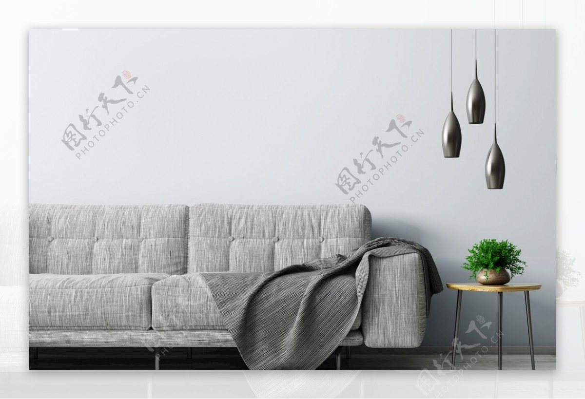 现代室内客厅与灰色沙发木制茶几图片