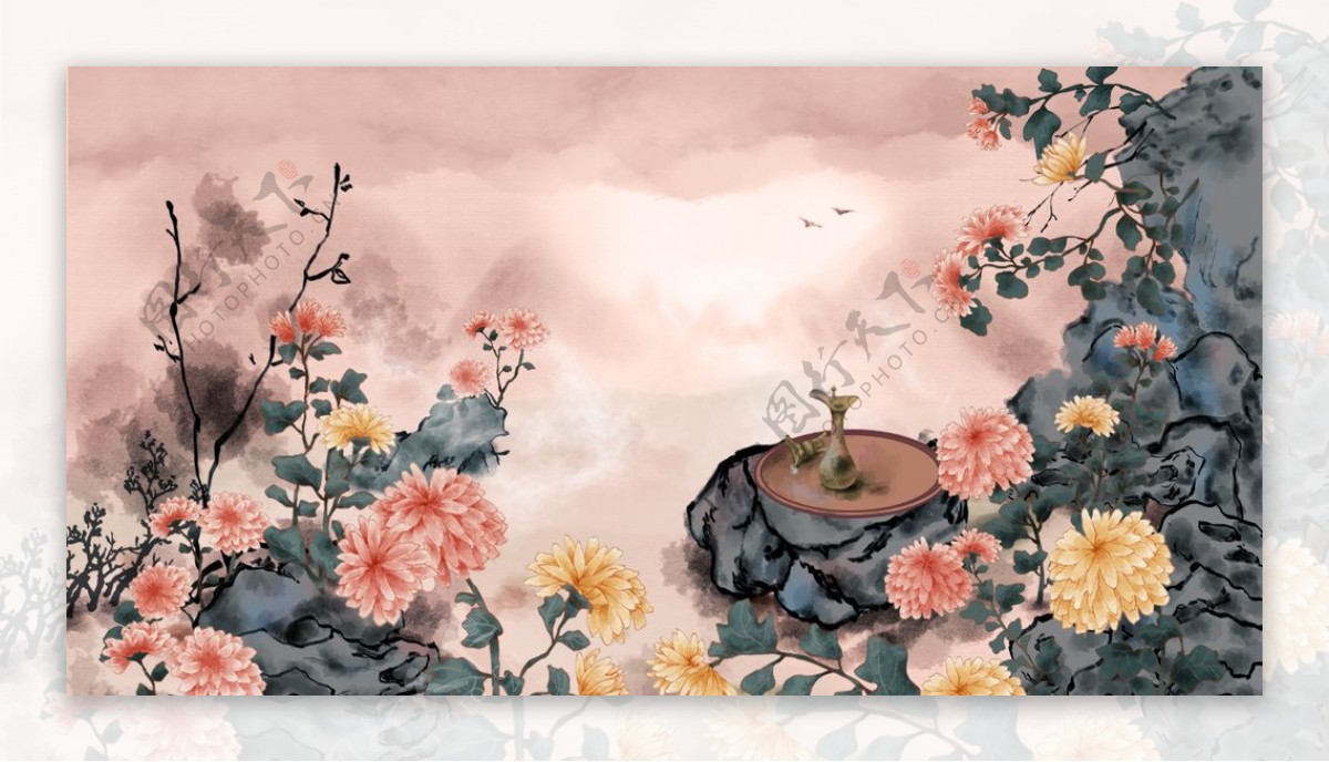 花朵复古水墨水彩背景海报素材图片