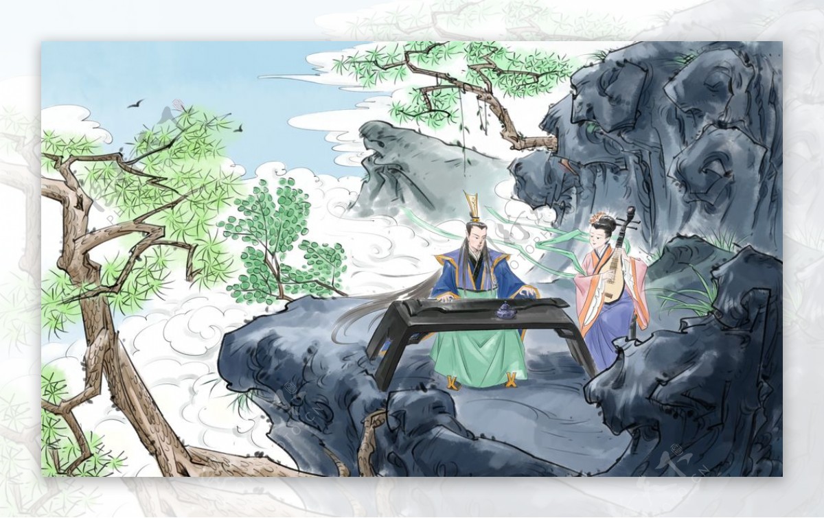 弹琴人物复古传统插画背景素材图片