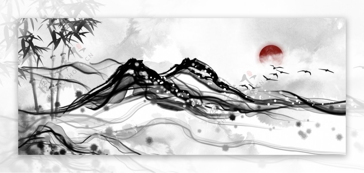 山水水墨传统复古背景素材图片