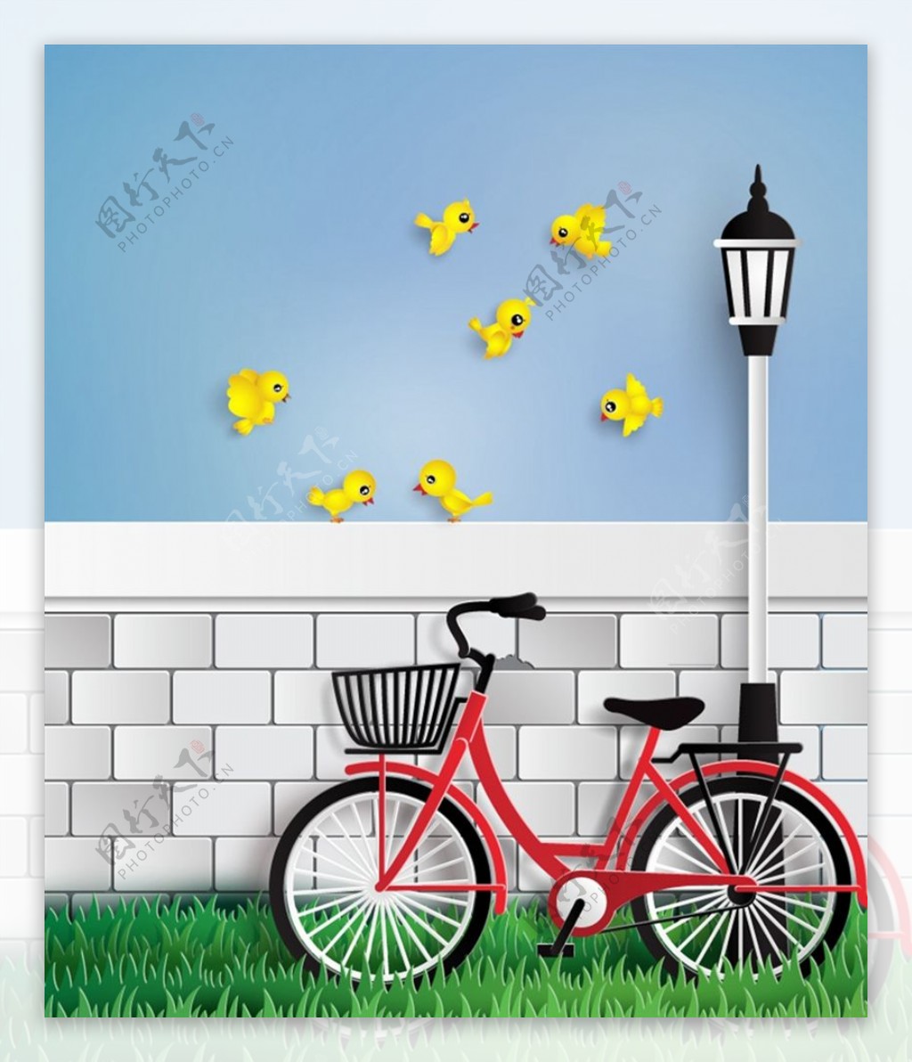 单车和黄色小鸟图片