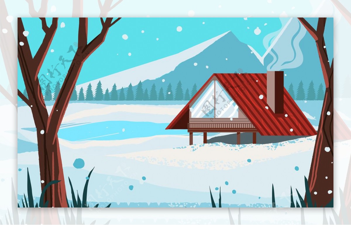 冬季北欧红色房子插画图片