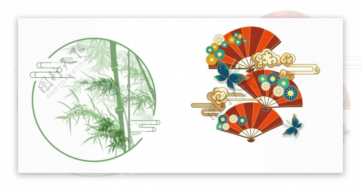 扇子蝴蝶竹子绿色中国风图片