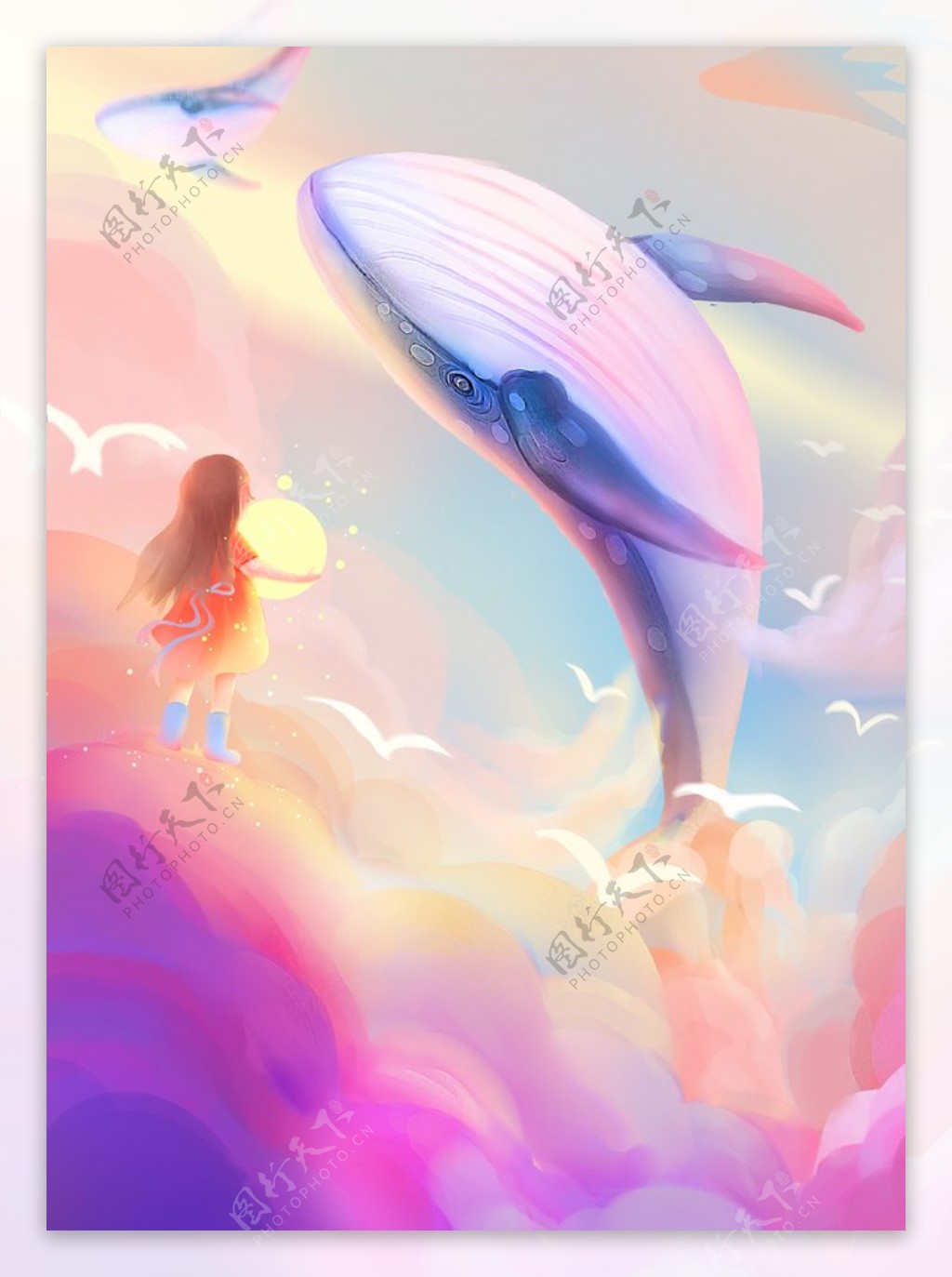 女孩日落鲸鱼与天空治愈系插画图片