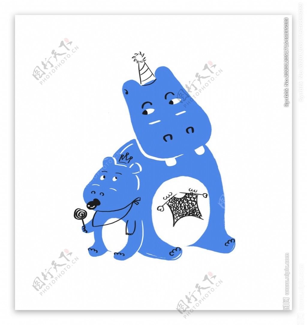 蓝色河马带生日帽吃棒棒糖图片