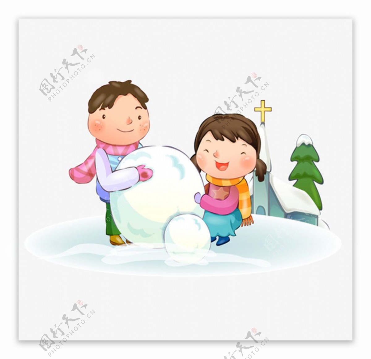 男孩女孩堆雪人图片